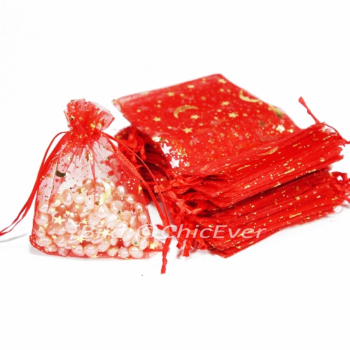 100x Schmuckbeutel 9,5x12,5cm Organzabeutel Verpackung rot gold Stern & Mond - zum Schließen ins Bild klicken